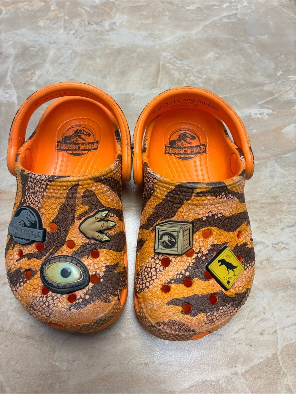 Toddler size 7 CROCS Clogs Jurassic World Dinosaur Orange Shoes